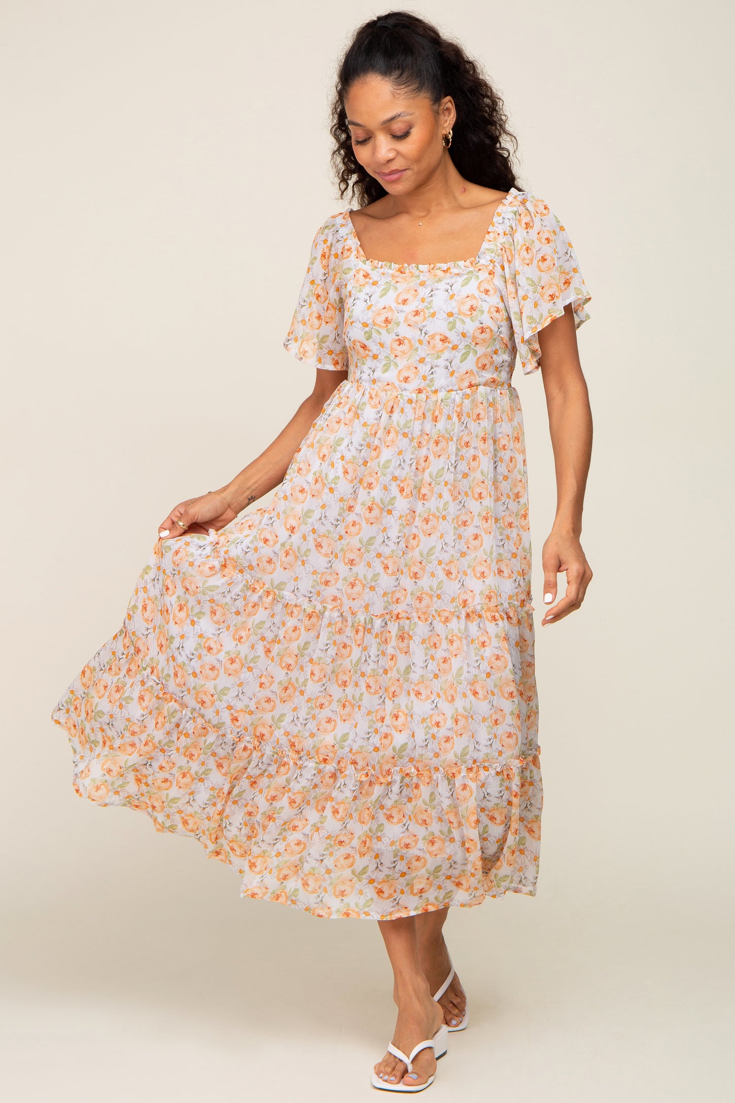 Coral Floral Chiffon Tiered Midi Dress PinkBlush Coral Floral Chiffon Tiered Midi Dress PinkBlush