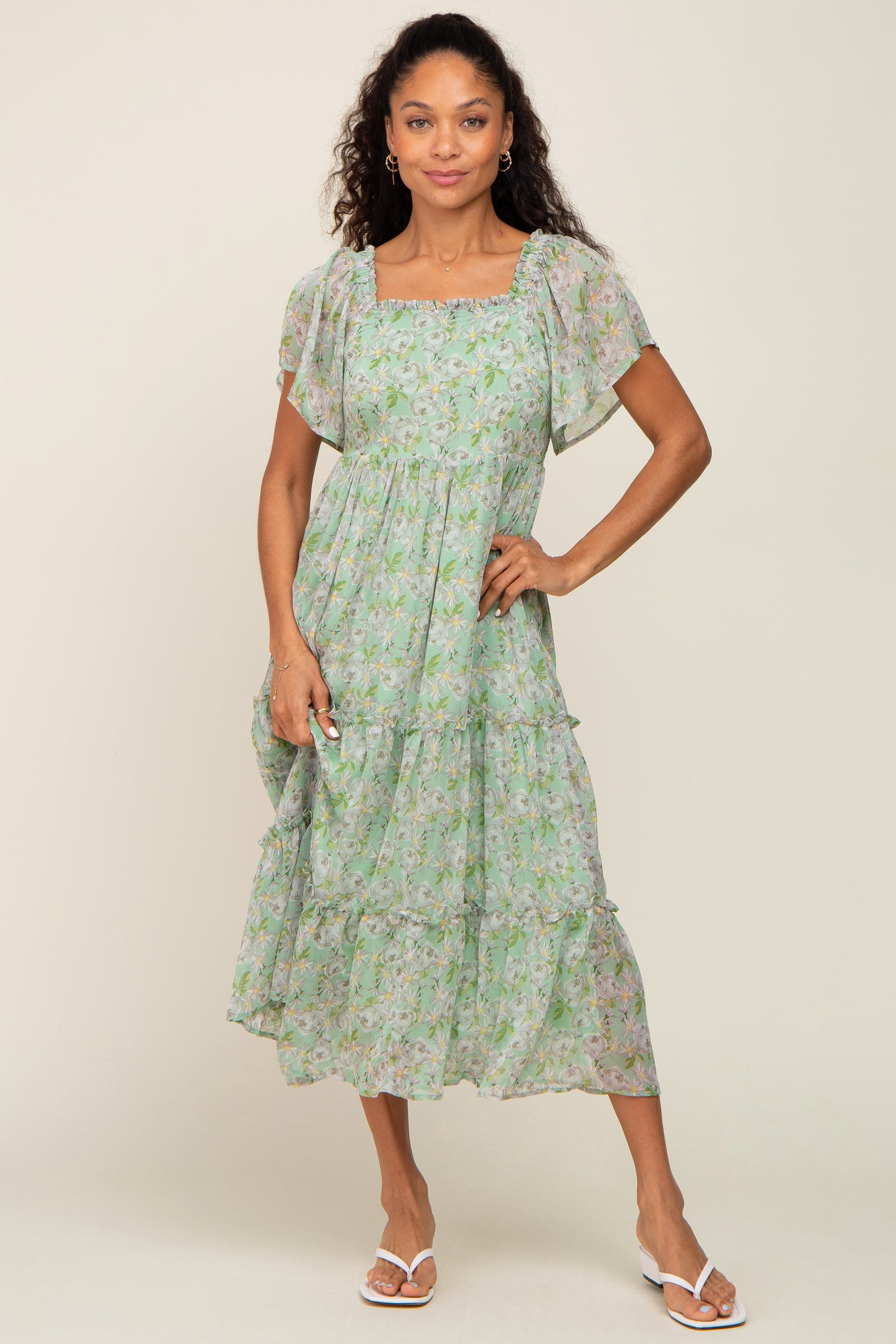 mint green tiered dress Rhema Mint Green Tiered Maxi Dress with Lace Trim, M / Green