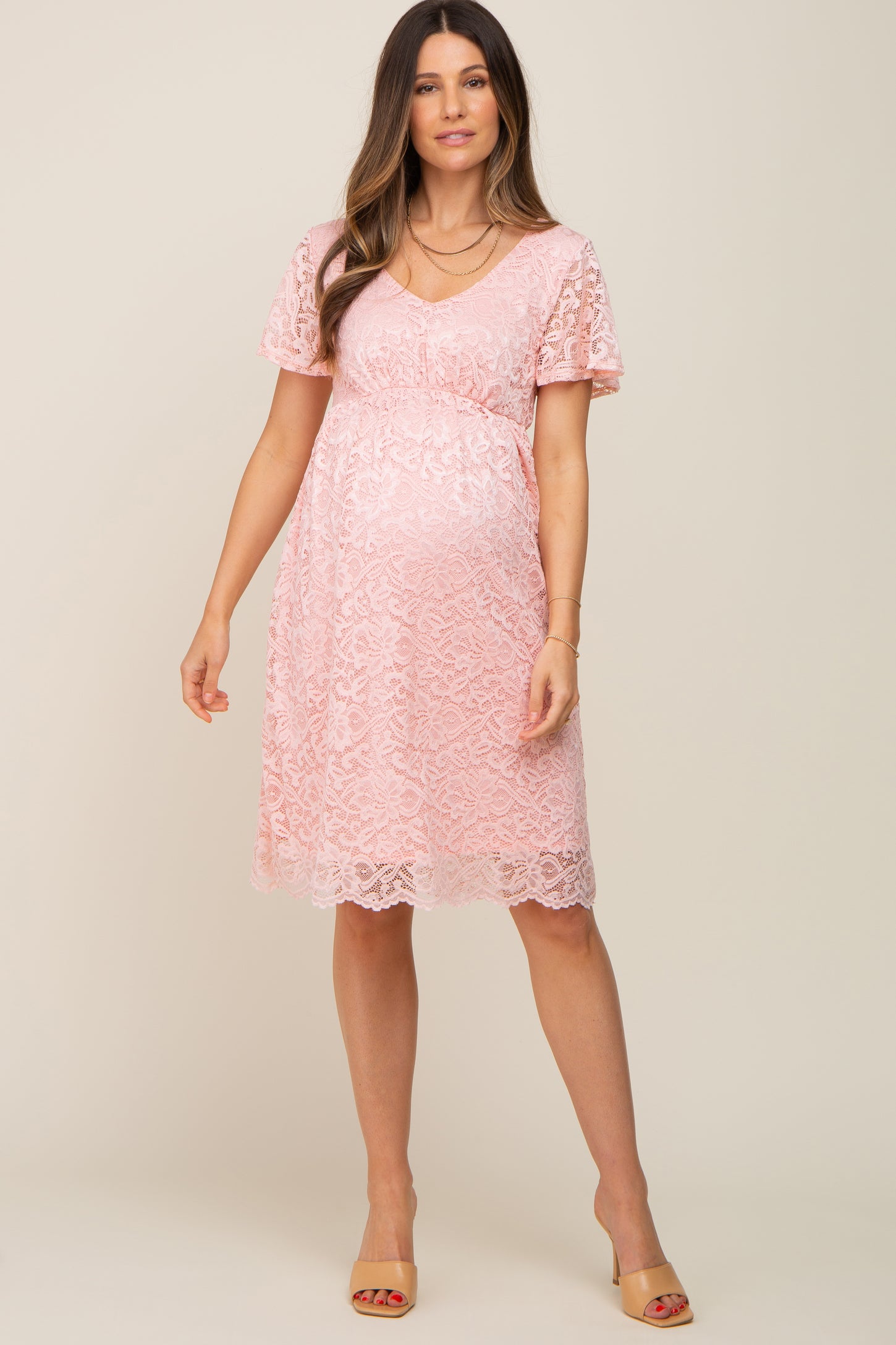 Pink Lace Knee Length Maternity Dress PinkBlush