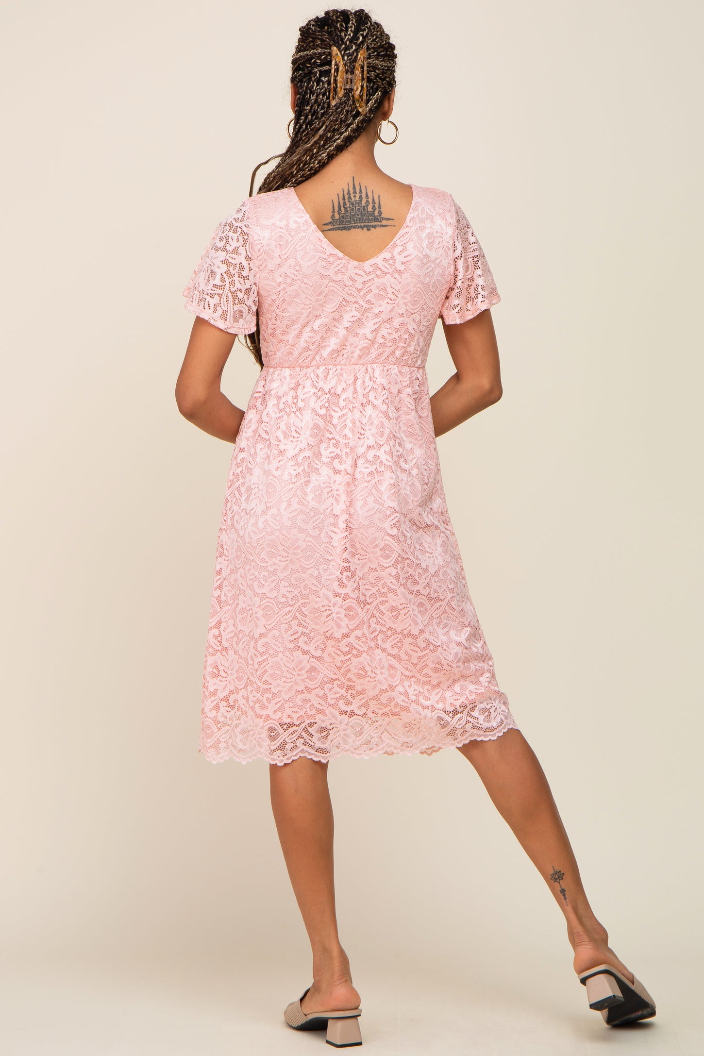 Pink Lace Knee Length Dress