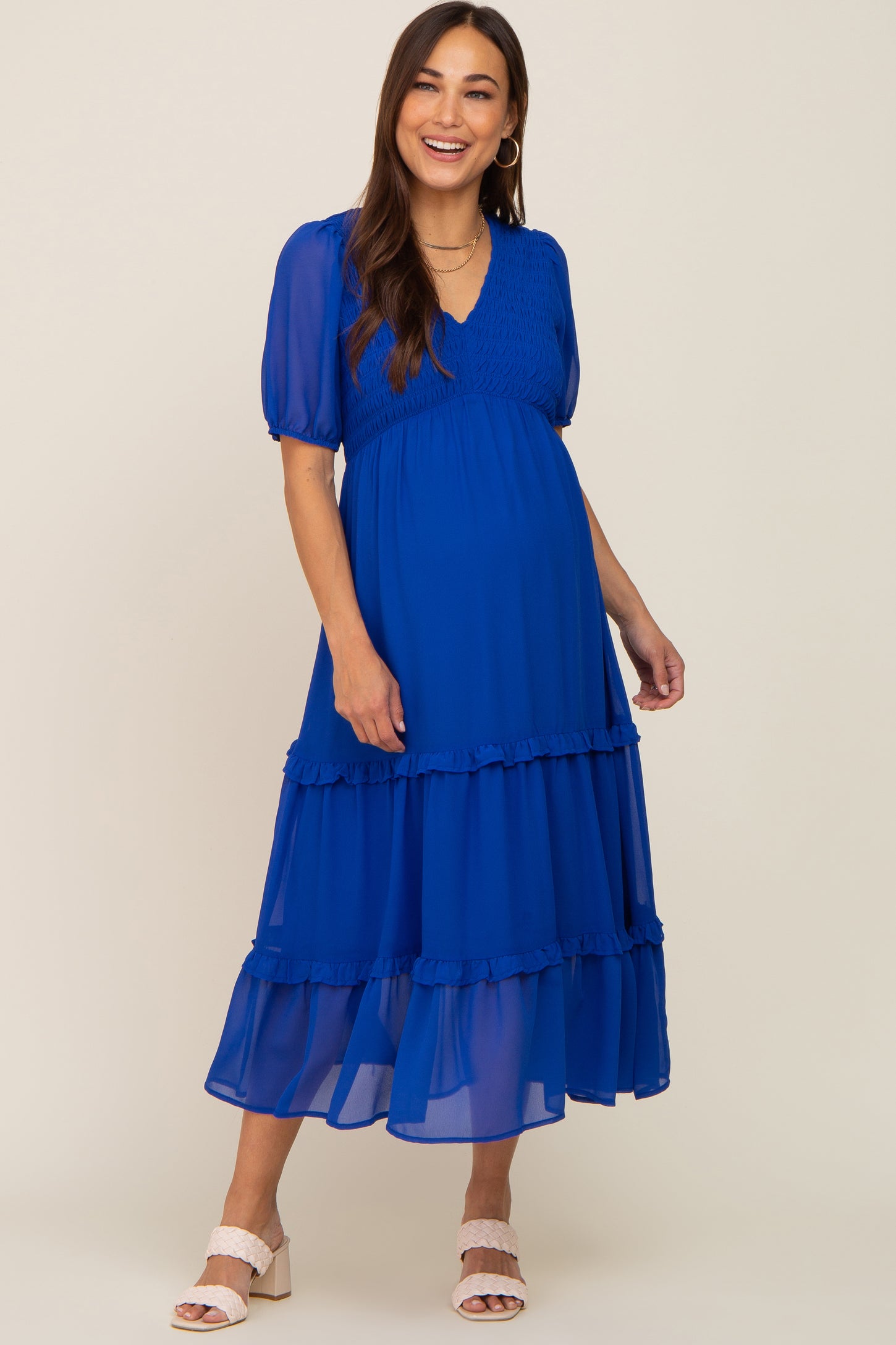 Royal Blue Chiffon Smocked V-Neck Ruffle Tiered Maternity Midi Dress ...