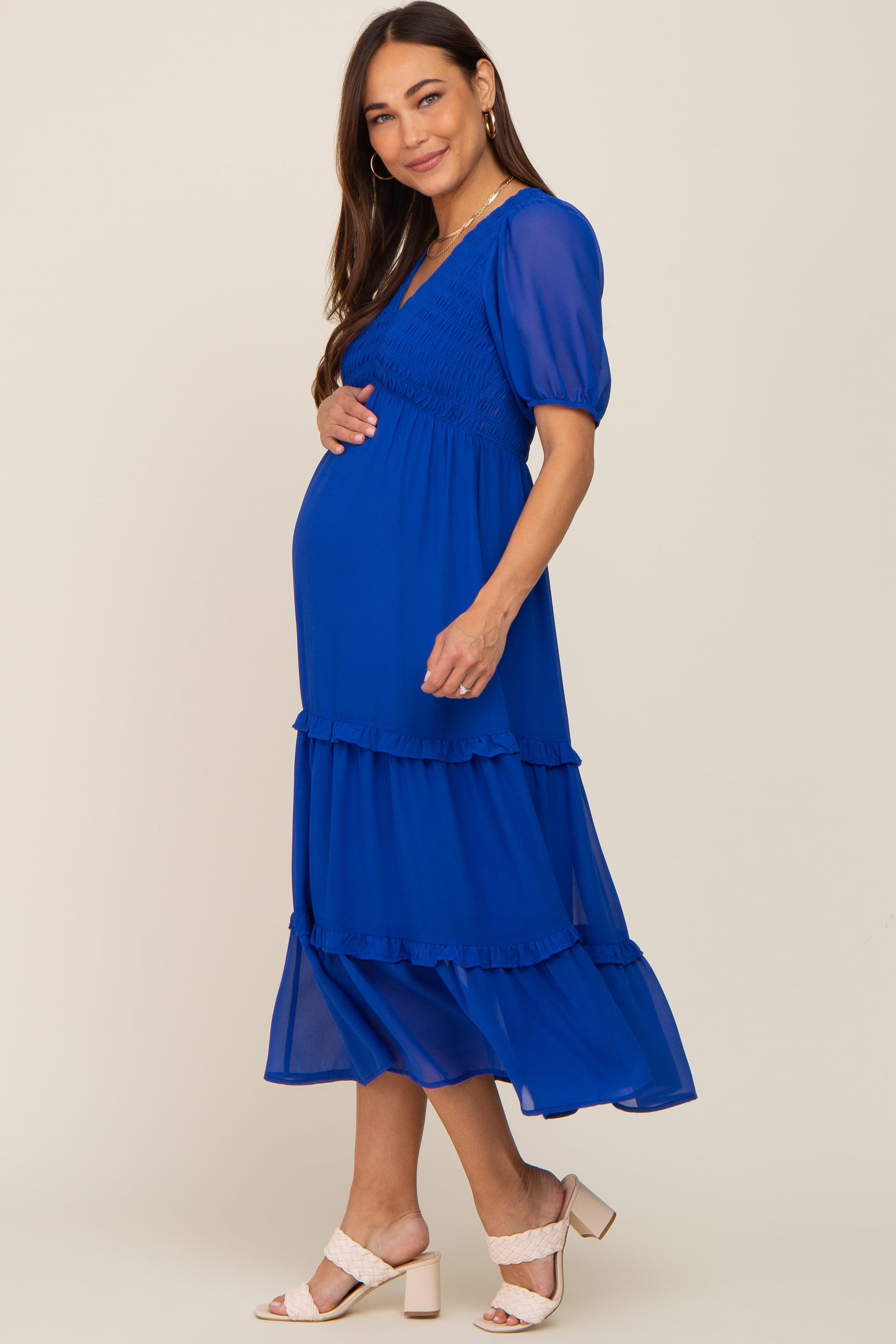 Royal Blue Chiffon Smocked V-Neck Ruffle Tiered Maternity Midi Dress ...