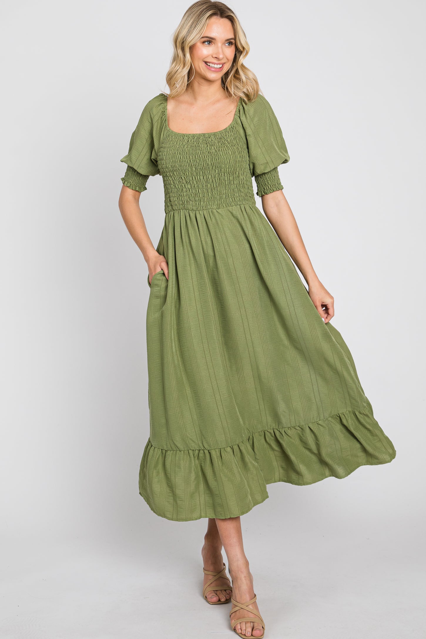 Olive Square Neck Smocked Short Sleeve Midi Dress PinkBlush Olive Square Neck Smocked Short Sleeve Midi Dress PinkBlush