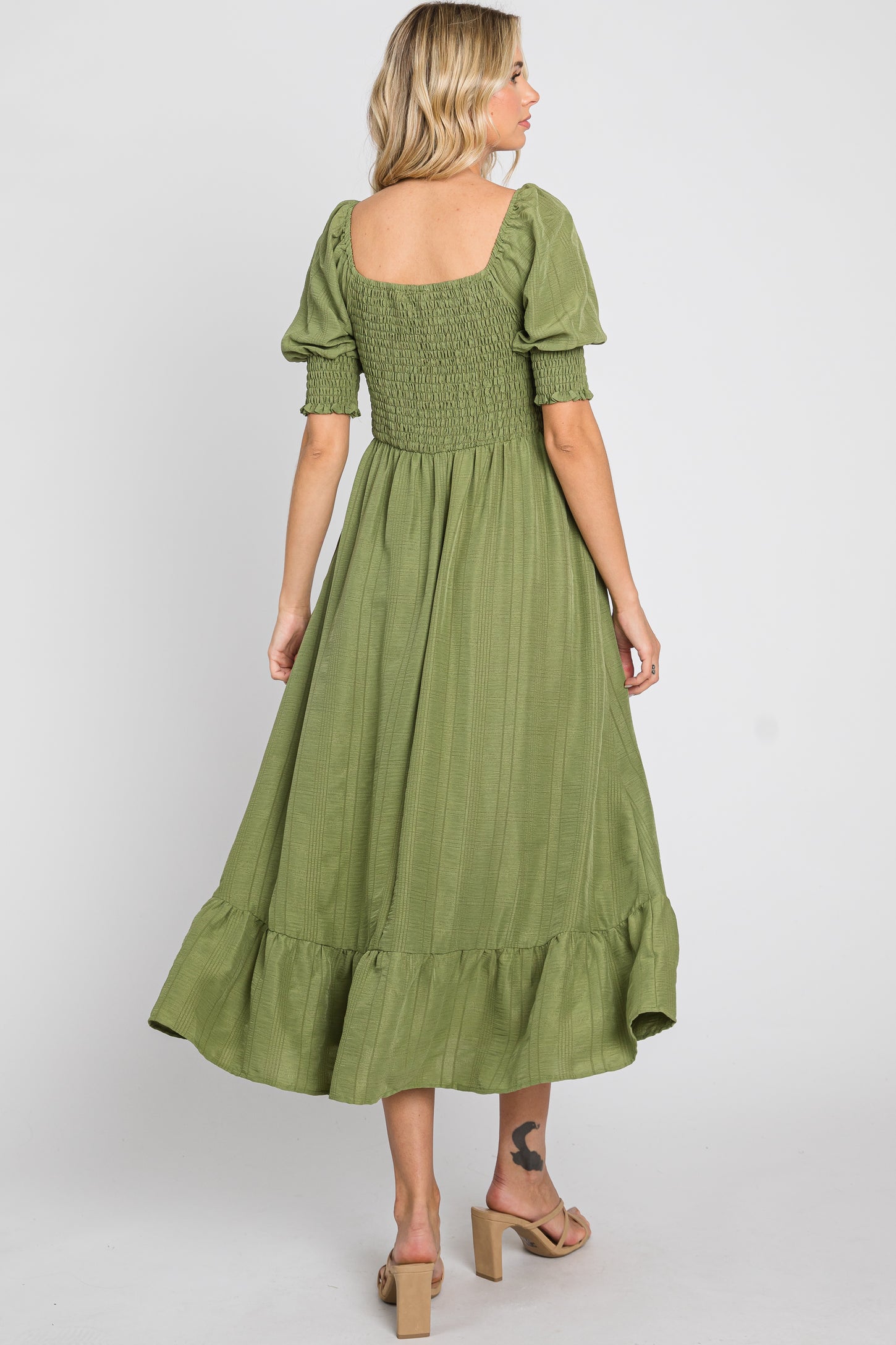 Olive Square Neck Smocked Short Sleeve Midi Dress PinkBlush Olive Square Neck Smocked Short Sleeve Midi Dress PinkBlush