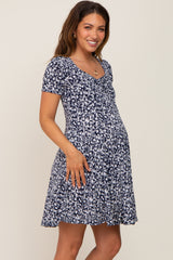 Navy Floral Short Sleeve Maternity Dress