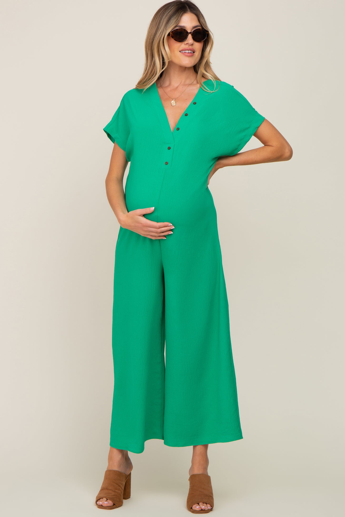 Green Front Button Accent Maternity Jumpsuit PinkBlush