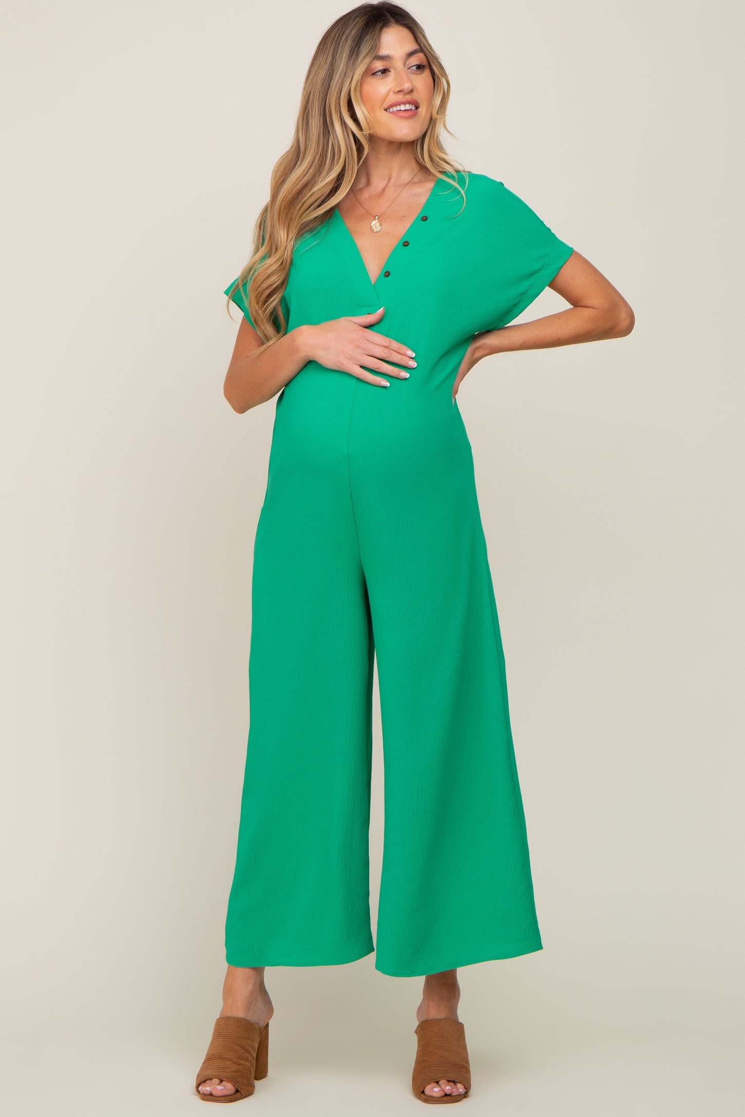 Green Front Button Accent Maternity Jumpsuit PinkBlush