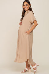 Taupe Button Down Maternity Midi Dress