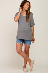 Charcoal Striped Front Pocket Maternity Short Sleeve Top