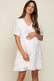 White Floral Jacquard Puff Sleeve Maternity Dress