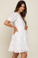White Floral Jacquard Puff Sleeve Maternity Dress