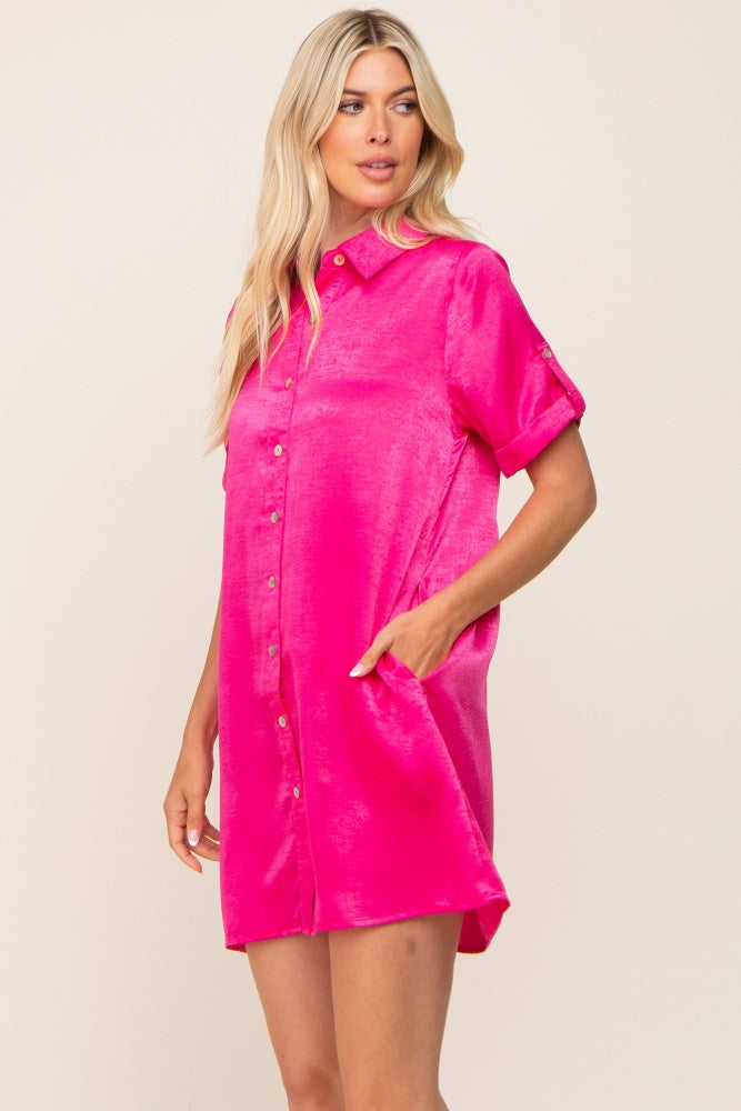 Fuchsia Satin Button Front Short Sleeve Dress Large Fuchsia Satin Button Front Short Sleeve Dress Large