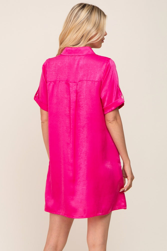 Fuchsia Satin Button Front Short Sleeve Dress Large Fuchsia Satin Button Front Short Sleeve Dress Large