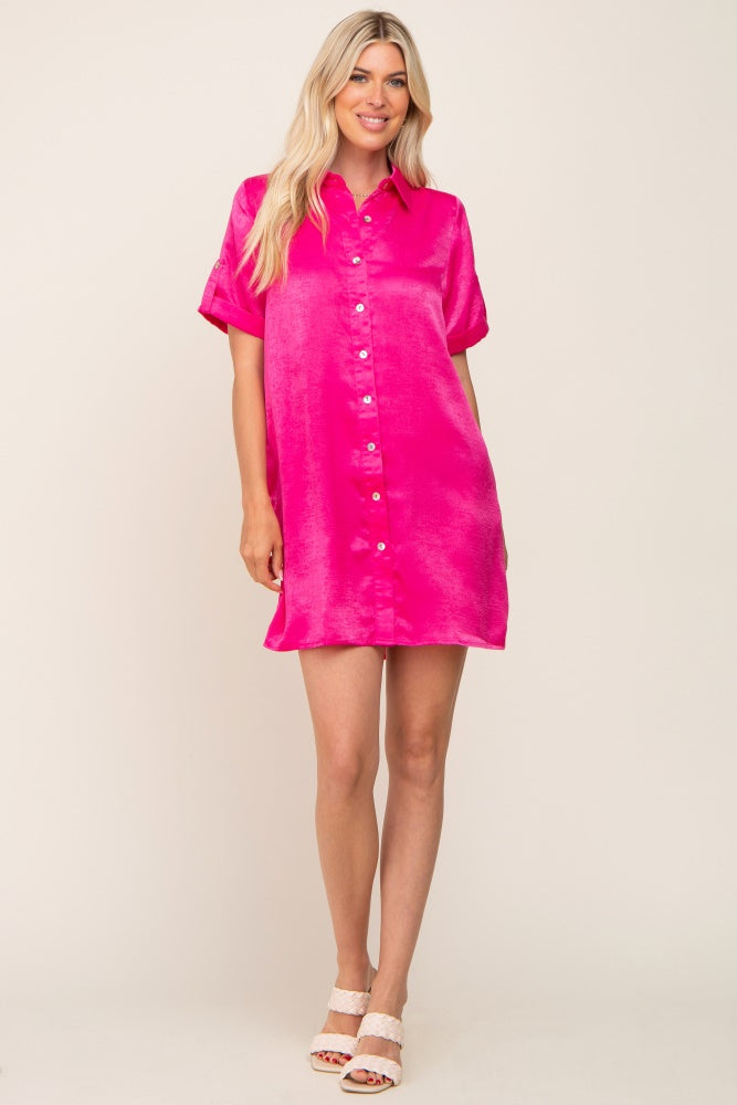 Fuchsia Satin Button Front Short Sleeve Dress Large