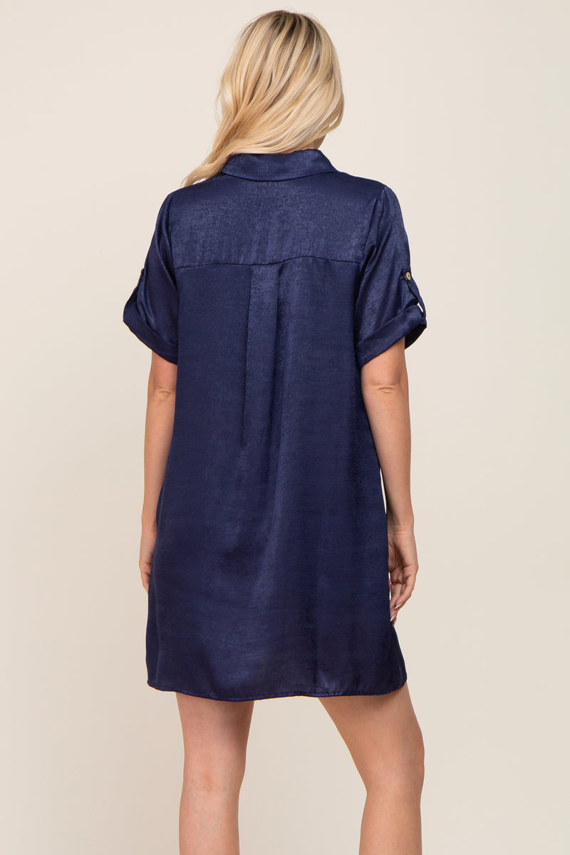 Navy Blue Satin Button Front Short Sleeve Dress – PinkBlush
