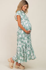Light Olive Floral Tiered Ruffle Accent Maternity Maxi Dress