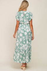 Light Olive Floral Tiered Ruffle Accent Maternity Maxi Dress