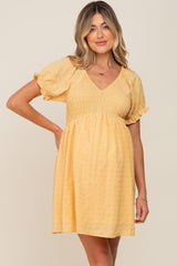 Yellow Smocked Textured V-Neck Maternity Dress