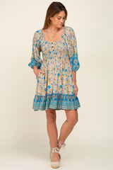 Blue Floral Paisley Smocked Button Front Back Cutout Dress