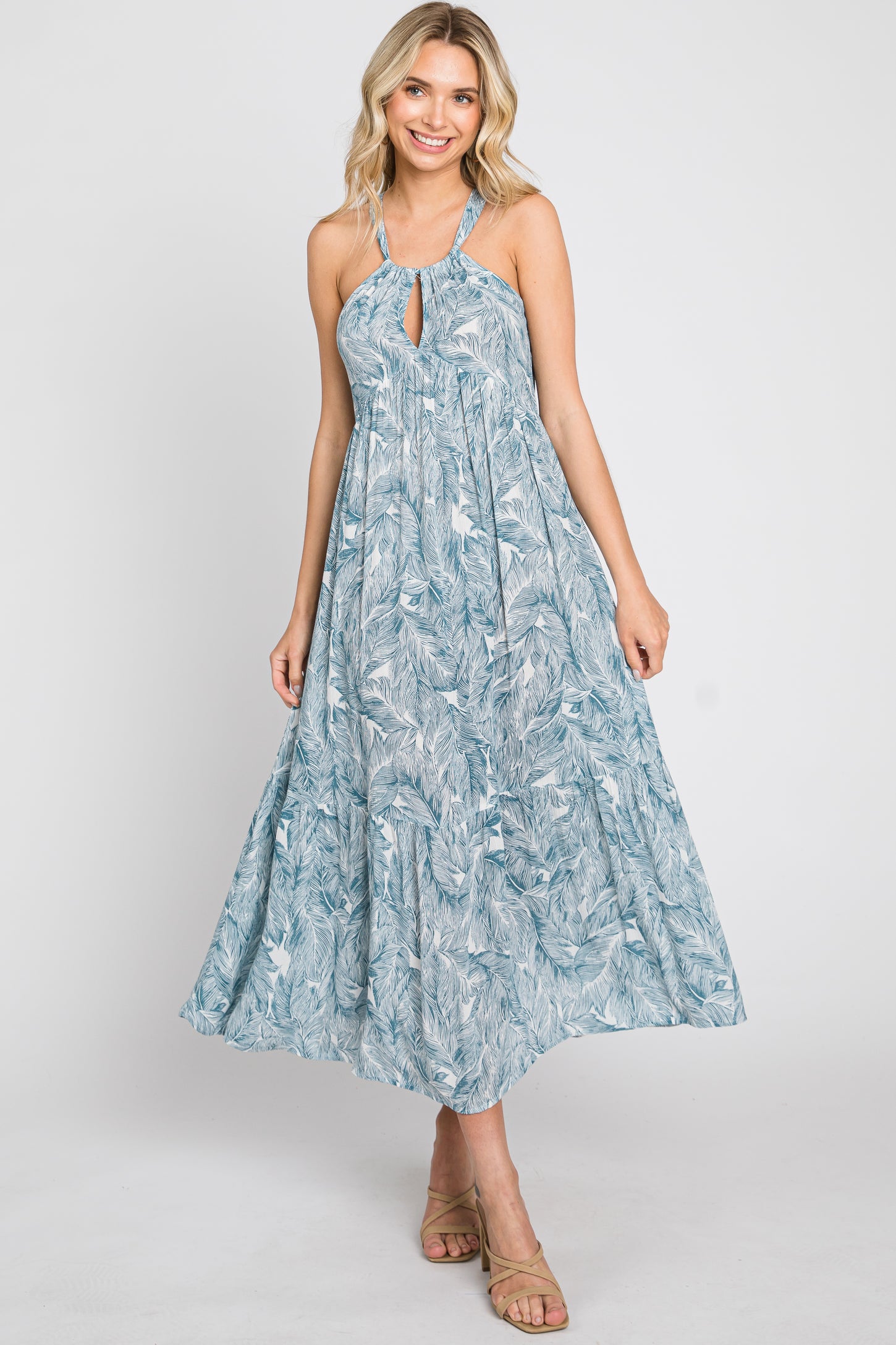 Blue Palm Print Front Cutout Midi Dress PinkBlush Blue Palm Print Front Cutout Midi Dress PinkBlush