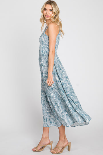 Blue Palm Print Front Cutout Midi Dress