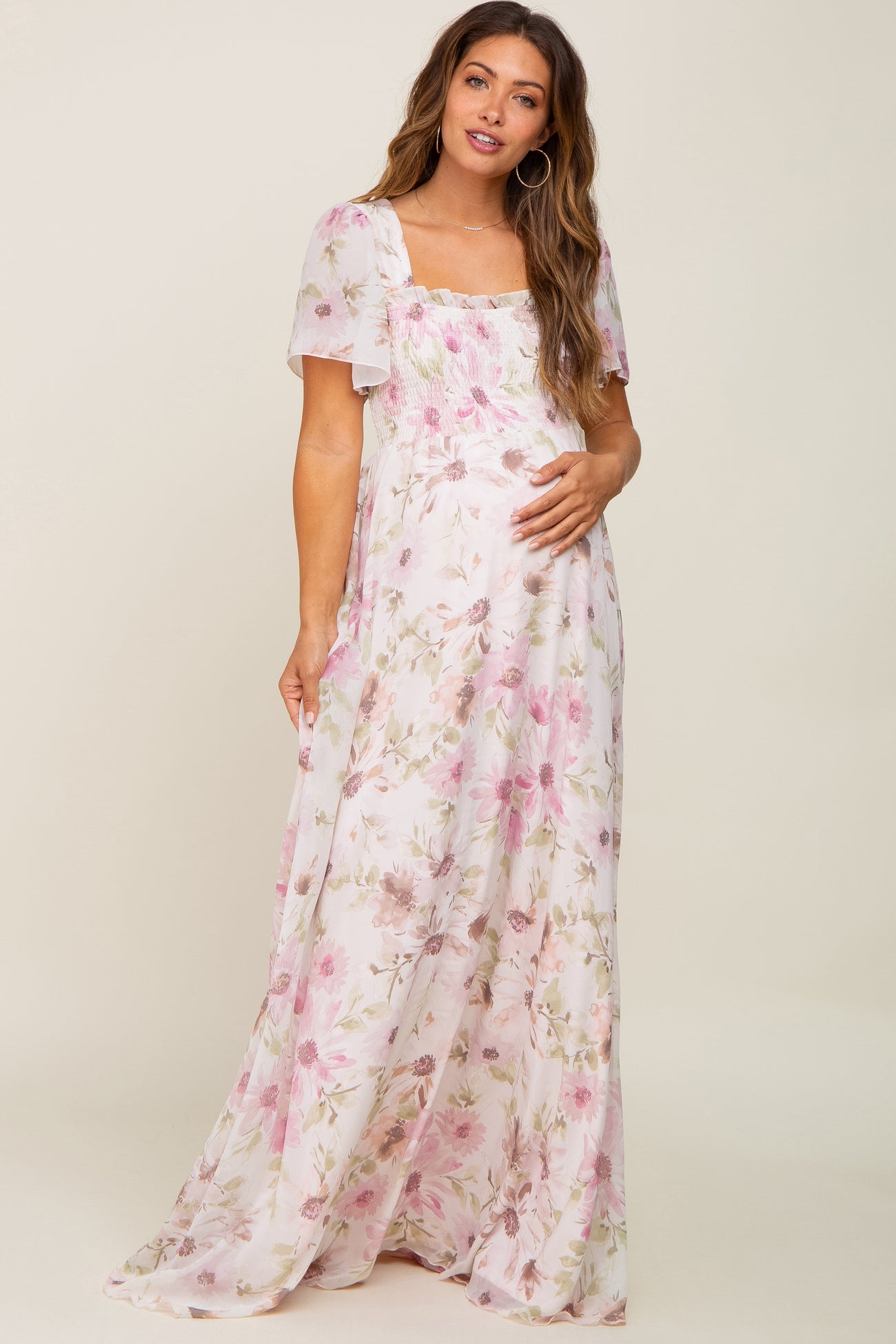 Pink Floral Chiffon Smocked Short Sleeve Maternity Maxi Dress