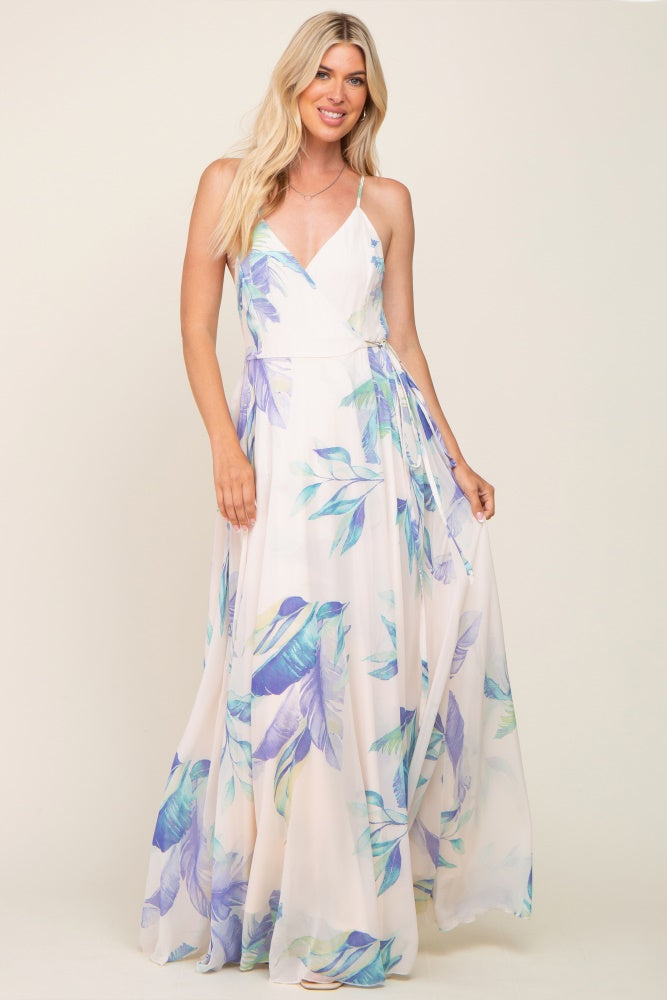 Lavender Feather Printed Chiffon Wrap Front Maxi Dress Medium