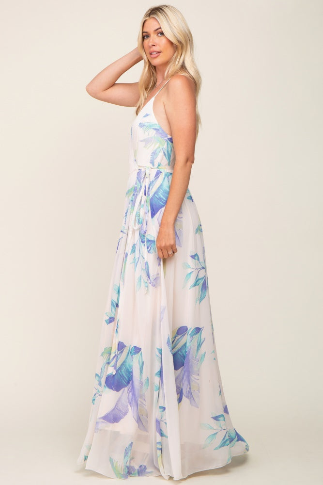 Lavender Feather Printed Chiffon Wrap Front Maxi Dress PinkBlush Lavender Feather Printed Chiffon Wrap Front Maxi Dress PinkBlush