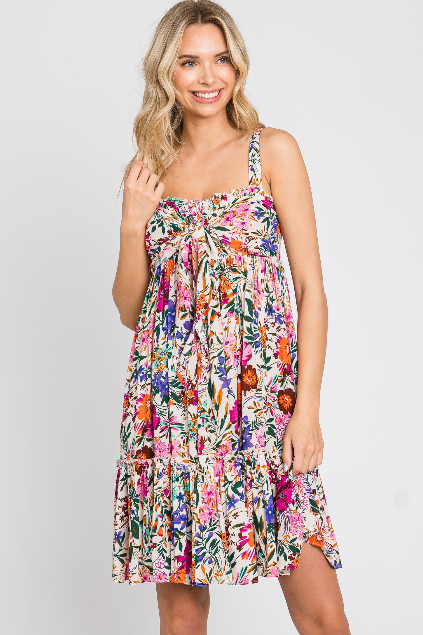 Fuchsia Floral Front Tie Ruffle Maternity Dress