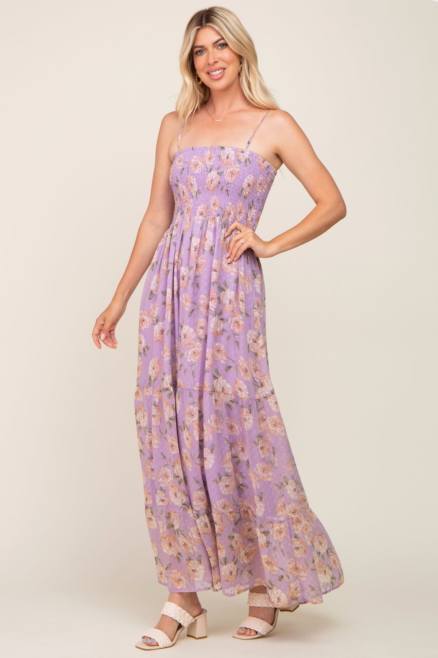 Lavender Floral Swiss Dot Smocked Maxi Dress