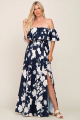 Navy Blue Floral Overlay Off-Shoulder Side Slit Maxi Dress