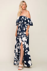 Navy Blue Floral Overlay Off-Shoulder Side Slit Maxi Dress