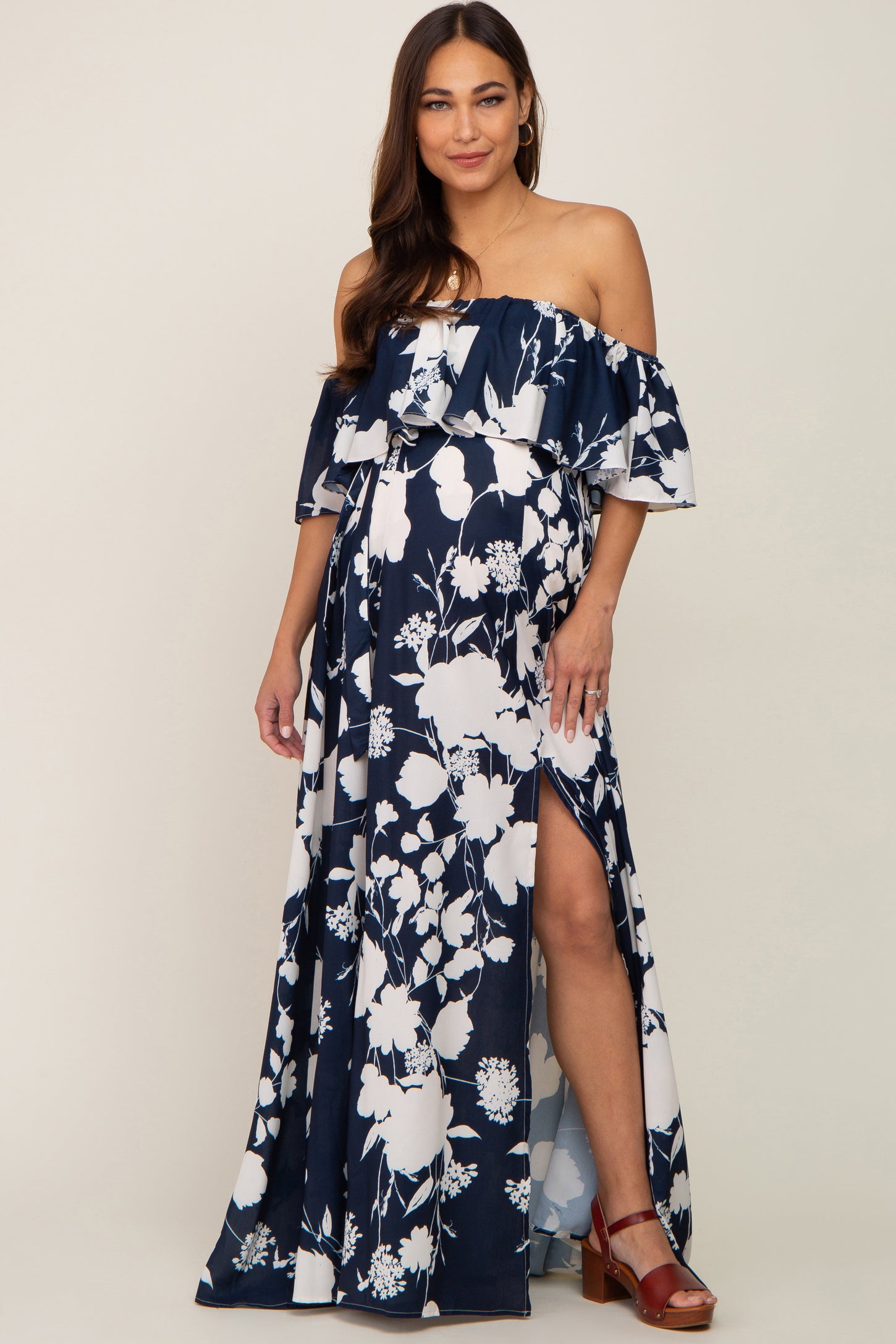 Navy Blue Floral Overlay Off-Shoulder Side Slit Maternity Maxi Dress