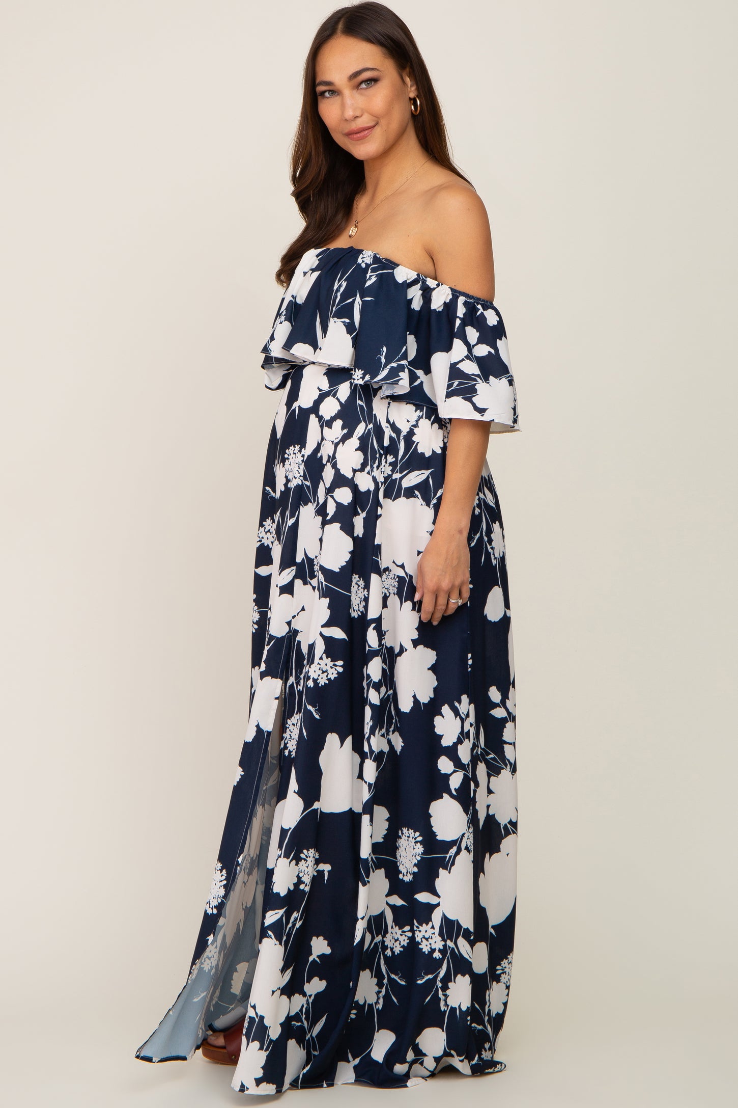 Navy Blue Floral Overlay Off-Shoulder Side Slit Maternity Maxi Dress PinkBlush Navy Blue Floral Overlay Off-Shoulder Side Slit Maternity Maxi Dress PinkBlush