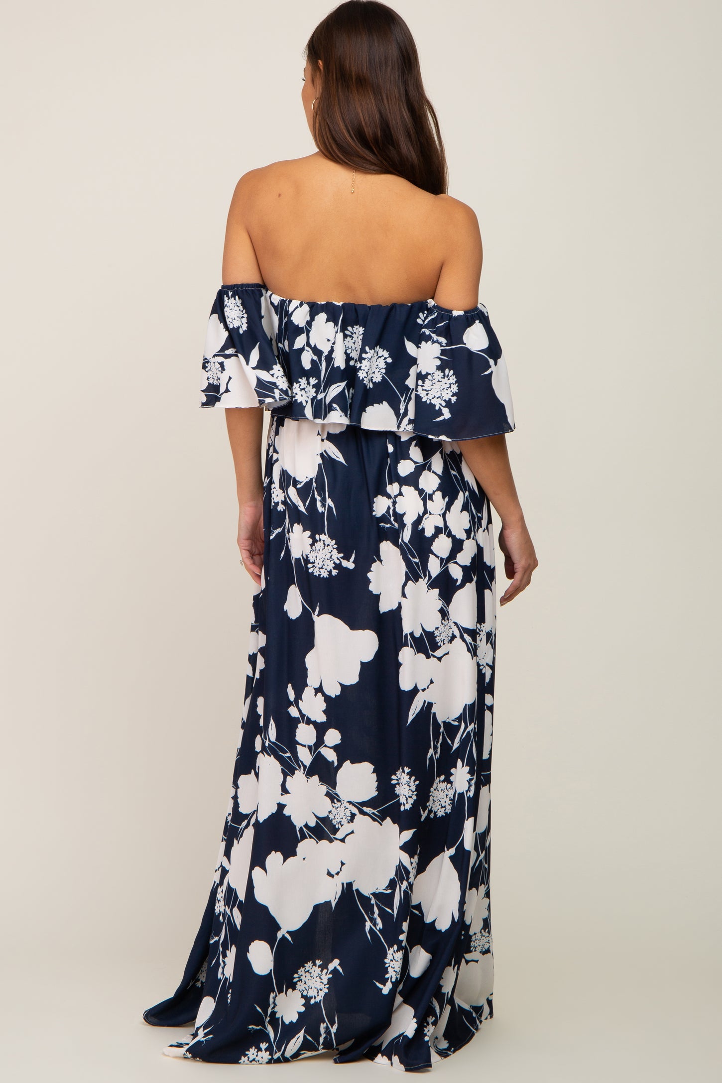 Navy Blue Floral Overlay Off-Shoulder Side Slit Maternity Maxi Dress