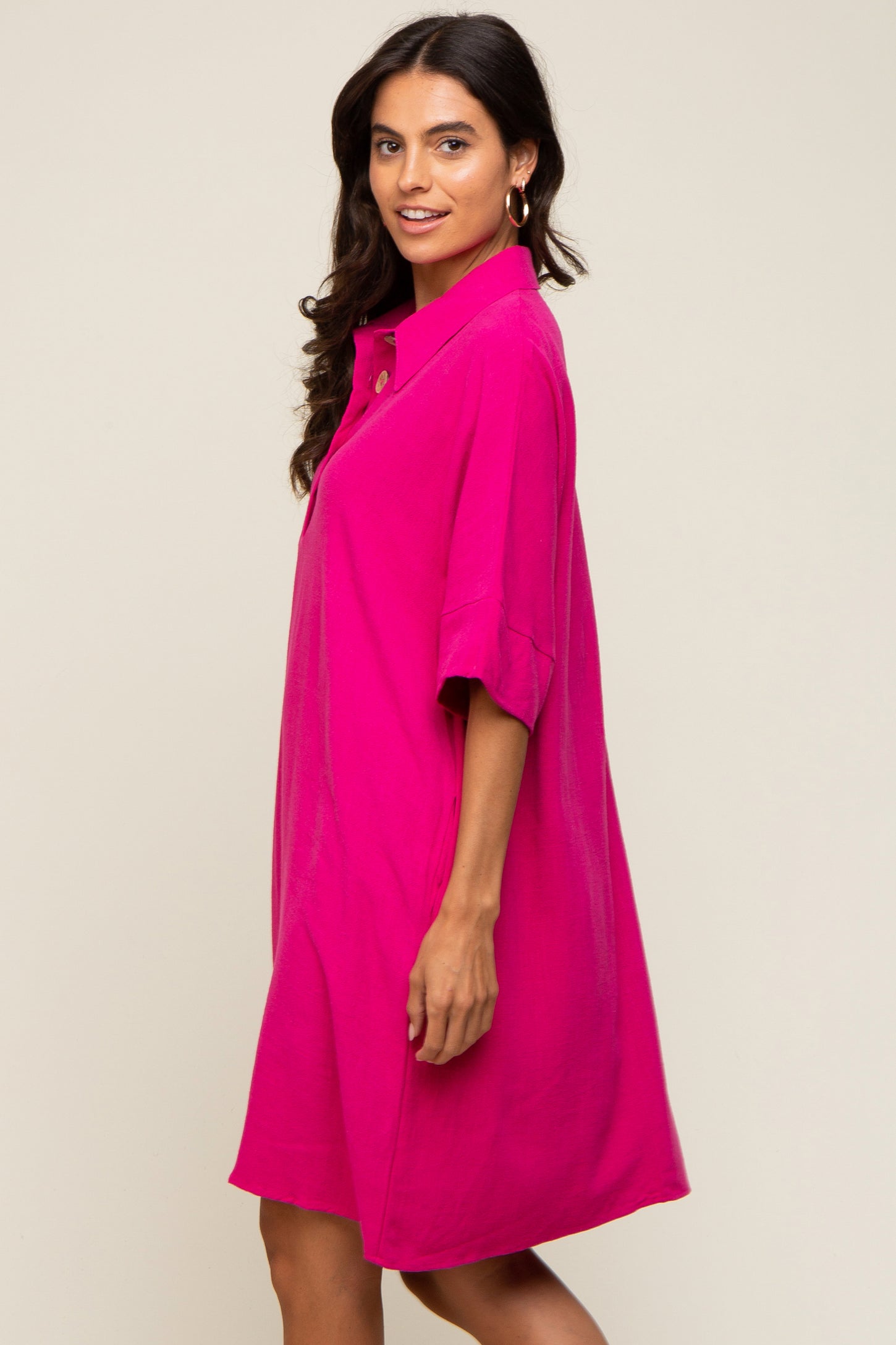 Fuchsia Linen Front Button Collared Dress PinkBlush Fuchsia Linen Front Button Collared Dress PinkBlush