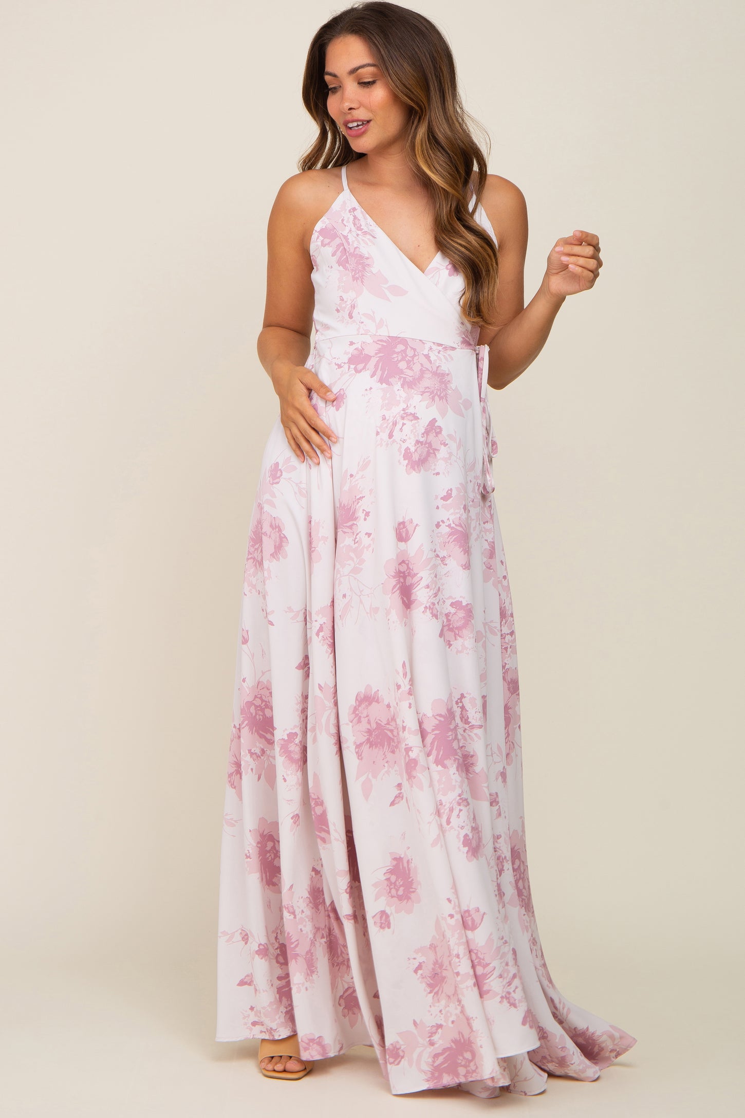 Mauve Floral Wrap Maternity Maxi Dress