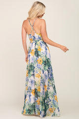 Cream Tropical Floral Chiffon Wrap Front Maxi Dress