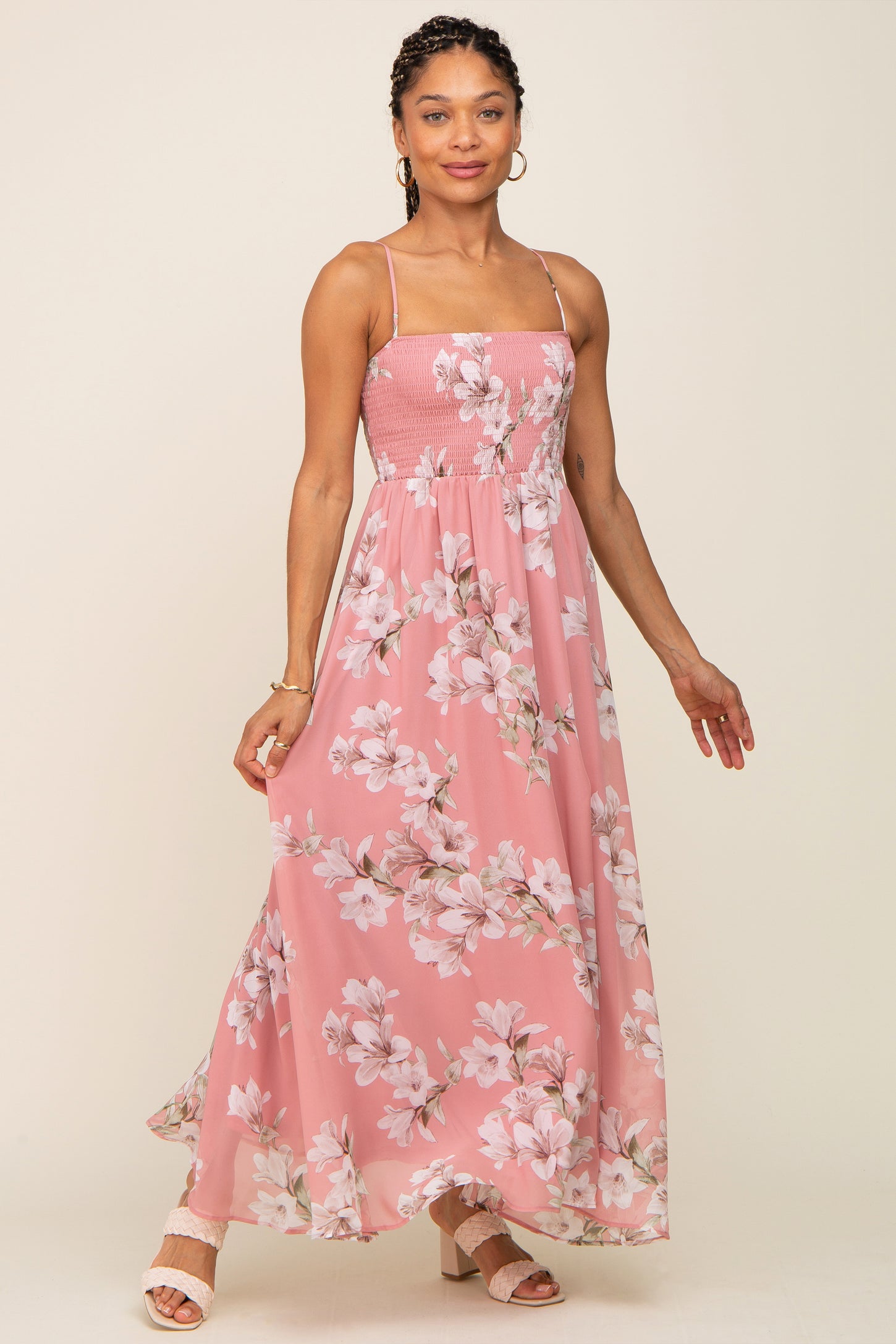Mauve Floral Sleeveless Smocked Maxi Dress