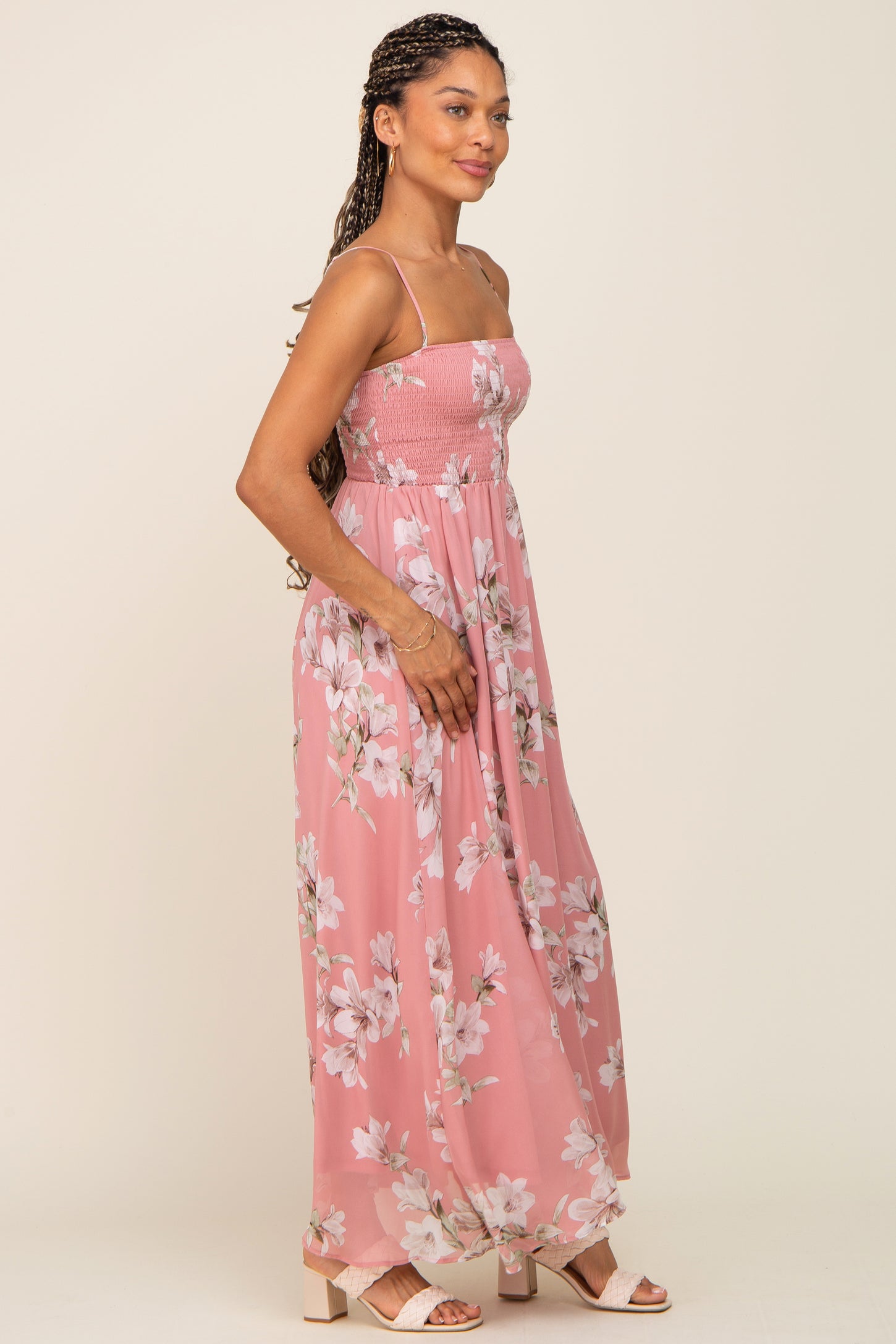 Mauve Floral Sleeveless Smocked Maxi Dress