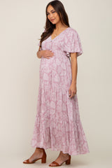 Lavender Paisley Button Down Tiered Maternity Maxi Dress