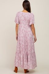 Lavender Paisley Button Down Tiered Maternity Maxi Dress