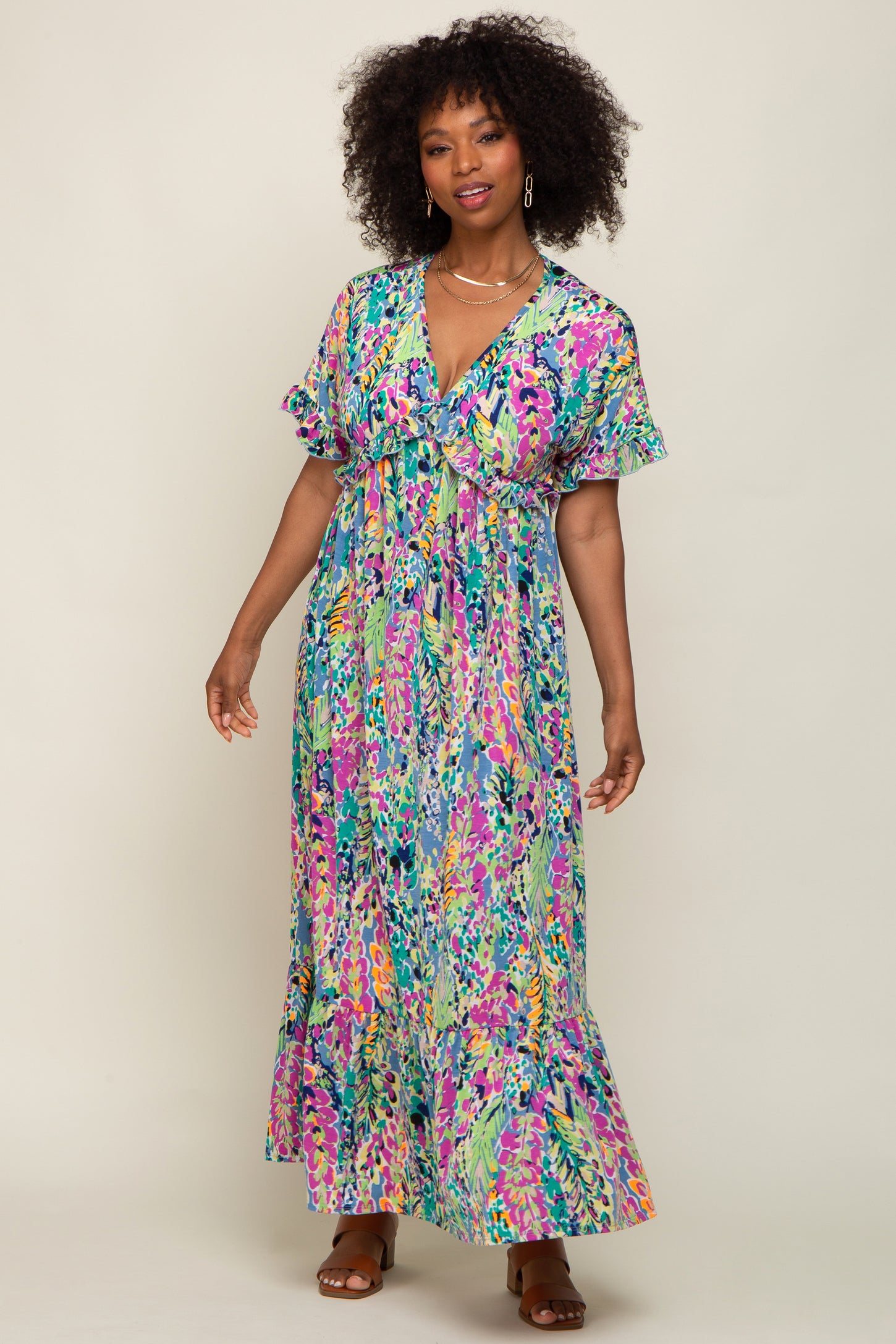 Blue Multi-Color Floral Ruffle Maxi Dress– PinkBlush