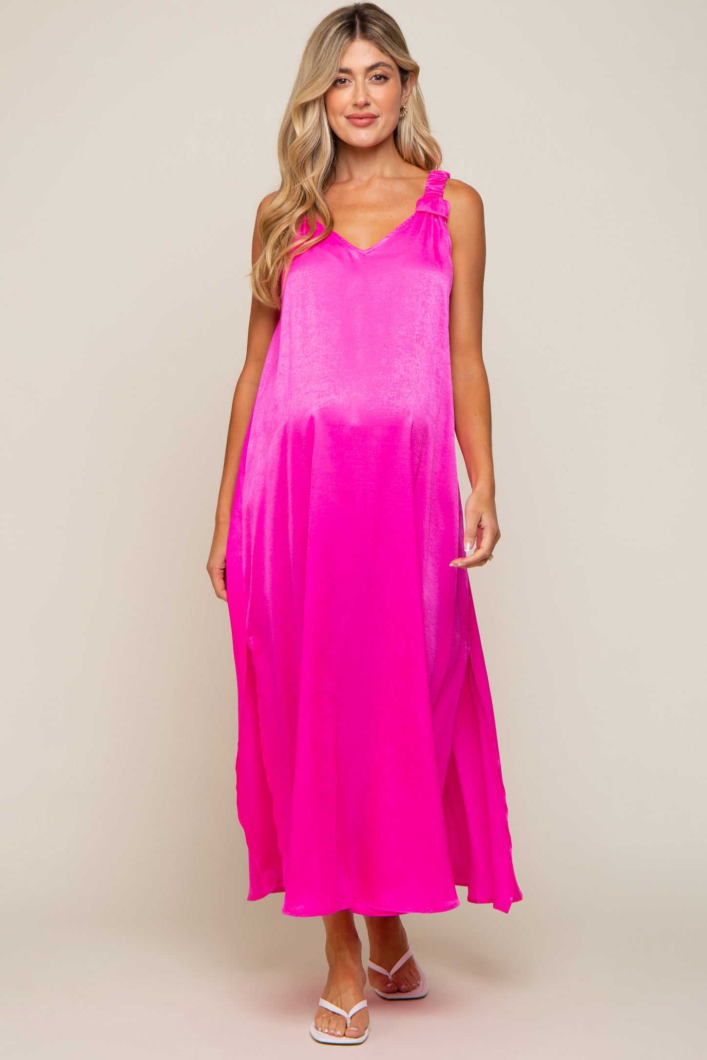 Fuchsia Satin Side Slit Maternity Maxi Dress– PinkBlush