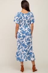 Blue Floral Smocked Maternity Midi Dress