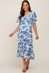 Blue Floral Smocked Maternity Midi Dress