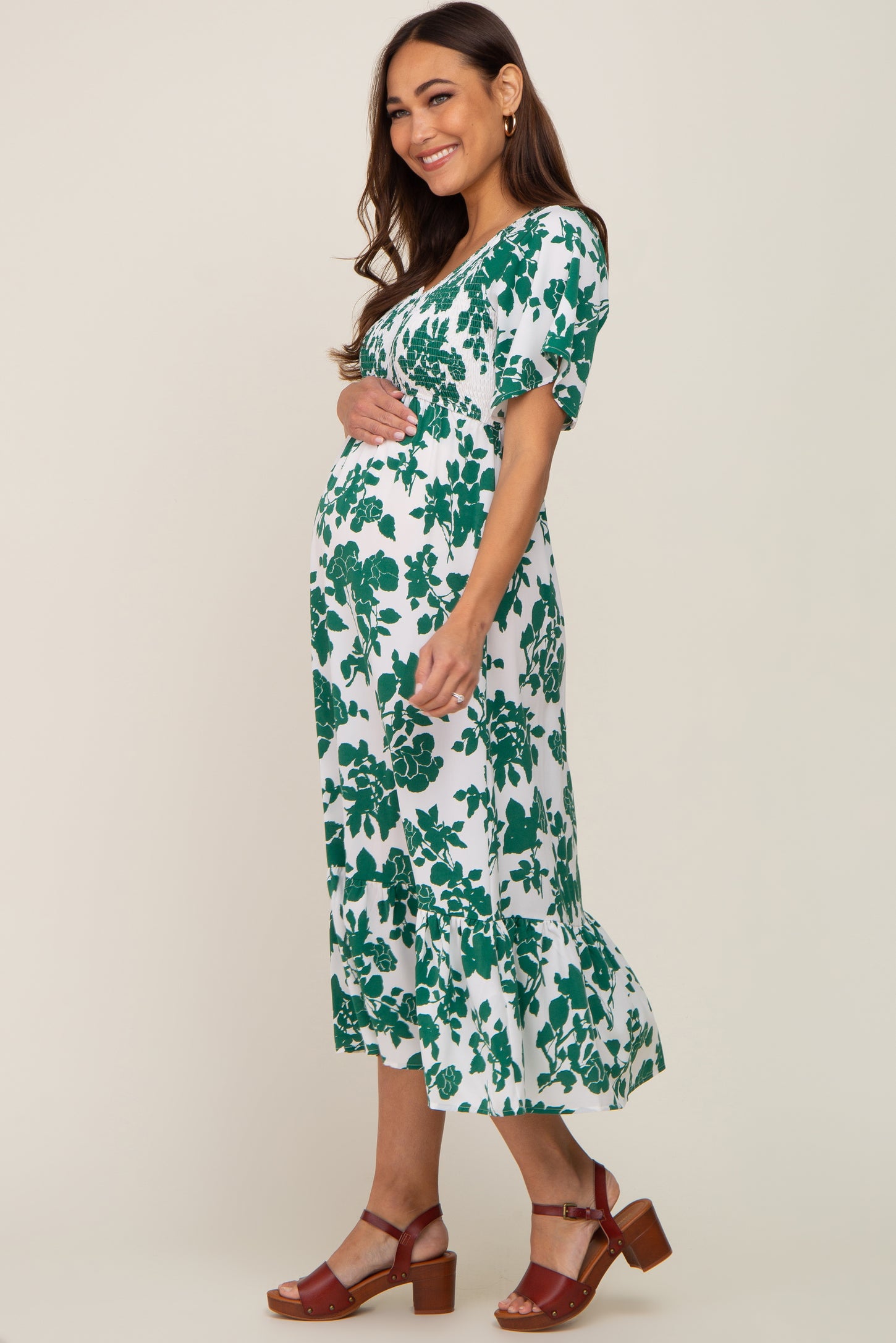 Green Floral Smocked Maternity Midi Dress– PinkBlush