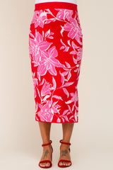 Red Floral Knit Maternity Midi Skirt