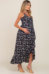 Black Floral Flounce Hi-Lo Maternity Wrap Maxi Dress