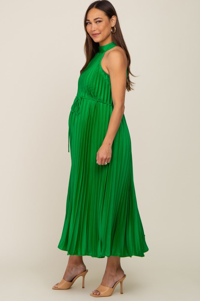 Green Pleated Maternity Halter Dress
